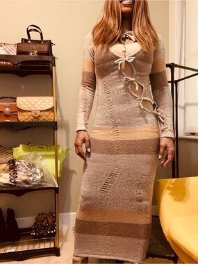 PrettyLittleThing Taupe & Beige Striped Tie-Front Maxi Dress
